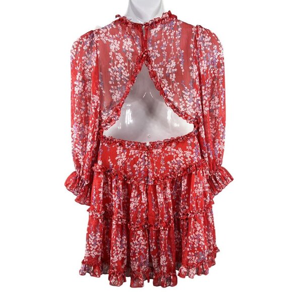 Selfie XL NWT Floral Open Back Ruffle Chiffon Dress Red Long Sleeve Deep V Neck - Picture 3 of 16